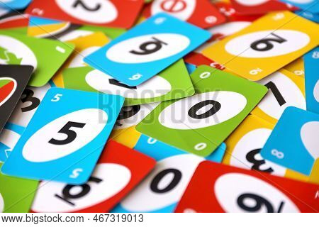 Ternopil, Ukraine - May 15, 2022: Many Colorful Uno Game Cards. Uno Is An American Shedding-type Car