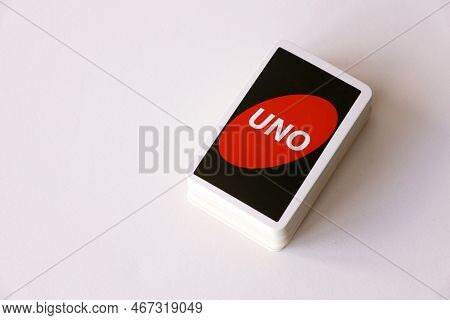 Ternopil, Ukraine - May 15, 2022: Many Colorful Uno Game Cards On White Background Close Up. Uno Is 