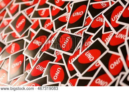 Ternopil, Ukraine - May 15, 2022: Many Colorful Uno Game Cards. Uno Is An American Shedding-type Car