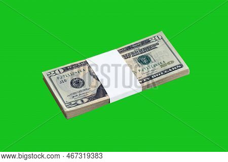 Bundle Of Us Dollar Bills Isolated On Chroma Keyer Green. Pack Of American Money With High Resolutio