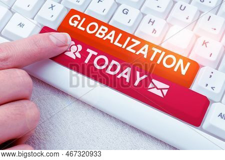 Sign Displaying Globalization. Conceptual Photo Development Of An Increasingly Integrated Global Eco