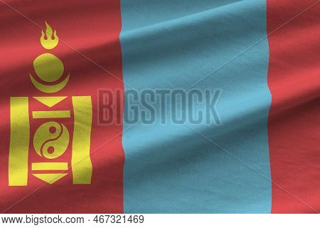 Mongolia Flag With Big Folds Waving Close Up Under The Studio Light Indoors. The Official Symbols An