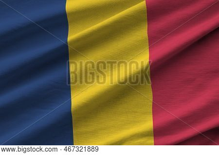 Chad Flag With Big Folds Waving Close Up Under The Studio Light Indoors. The Official Symbols And Co
