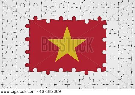 Vietnam Flag In Frame Of White Puzzle Pieces With Missing Central Parts