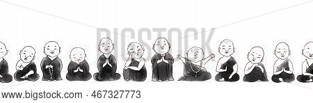 Seamless Pattern With Cute Cartoon Buddhist Monks. Can Be Used For Wallpaper, Pattern Fills, Textile
