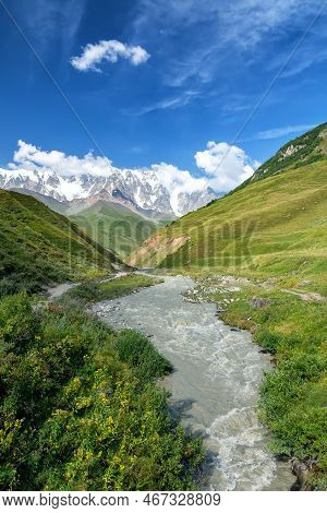 View Of The Shara Glacier, Mountain Valley, Glacier Tongue, Glacial Moraine, Caucasus Mountains, Ush