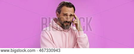 Man Hearing Ridiculous Nonsense Talks Bothered Pissed Frowning Cringing From Dislike Disagree Touch 