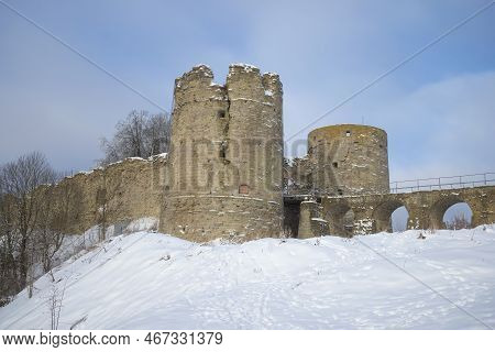 View Of The Gate Towers Of The Ancient Koporye Fortress On A February Afternoon. Koporye. Leningrad 