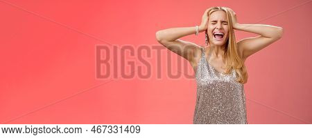 Upset Distressed Pressured Fed Up Panicking Young Blond Woman In Dress Scream Cry Heart Out Being He