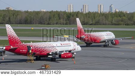 Saint Petersburg, Russia - May 20, 2022: Two Planes Of The Rossiya Airline On The Airfield Of Pulkov