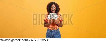 Woman Cannot Hide Happiness Winning Lottery. Portrait Of Surprised And Happy Lucky African American 