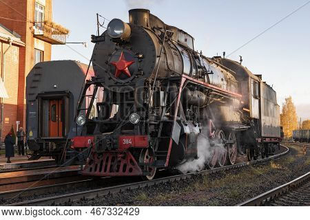 Sortavala, Russia - October 09, 2022: Old Soviet Steam Locomotive L-3114 On Sortavala Station On A S