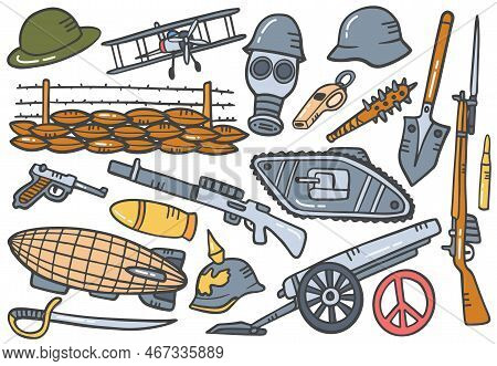 World War 1 Doodle Hand Drawn Set Collections With Flat Outline Style Vector Illustration