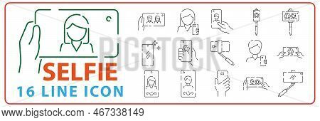 Selfie Line Icon Set. Photograph Taken Of Oneself, With A Smartphone Or Webcam, Digital Camera To Sh
