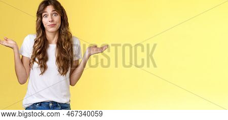 Sorry Unable Help. Clueless Apathetic Attractive Female Friend Shrugging Hands Spread Sideways Full 