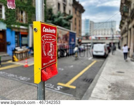 Geneva, Switzerland - September 14 2021: A Dispenser Has Been Placed On The Street In The City With 
