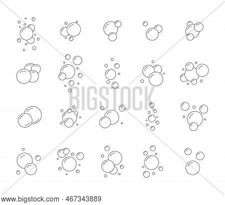 Soda Bubble Icons, Line Soap Elements, Oxygen Molecules. Clear Liquid And Soapy Foam, Bath Boiling G