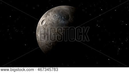 Fictional Planet Sun Rise In Dark Background With Stars. Front View Of Haumea Planet From Space. Ful