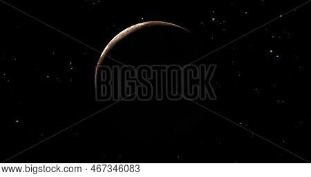 Fictional Planet Sun Rise In Dark Background With Stars. Front View Of Haumea Planet From Space. Ful