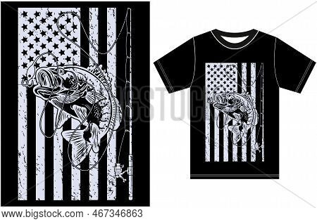 Usa Flag With Fishing T-shirt Design. T-shirt Gift For Fishing Lovers. American Flag Vector Fishing 