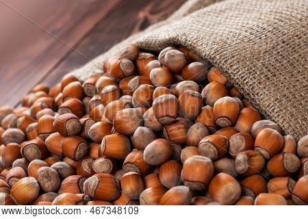 Hazelnuts, Filbert On Old Wooden Table. Heap Or Stack Of Hazel Nuts. Hazelnut Background, Healty Foo