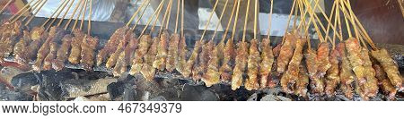 Very Flavorful Beef Satay Meat Grilled Over Charcoal, Beef Skewer Delicious Barbeque, Sate Sapi
