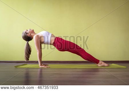 A Woman In Sportswear Does Yoga, Performs Kumbhakasana Exercise, Reverse Plank Pose, Trains In A Roo