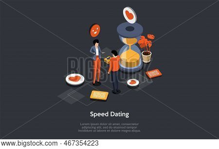 Speed Dating Concept, Relationship Between Man And Woman. Boy And Girl Having Speed Dating. Characte