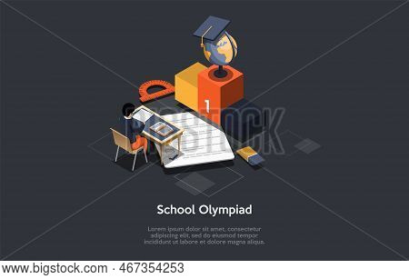 School And University Olympiad Concept. Talented Student Boy Taking Part In Mathematics, Chemistry O