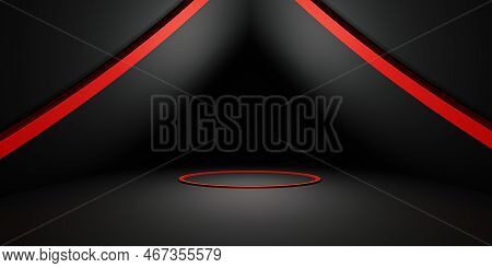 Red Curve Podium Background Neon Light Circle Dark Zen Modern Abstract Base Concept Stage 3d Illustr