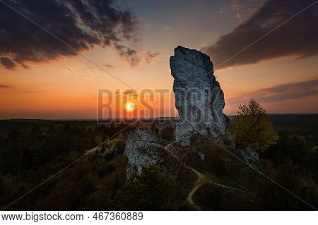 Sunset On Wysoka Rock Formation In Skaly Rzedkowickie, Jura Krakowsko-czestochowskapoland