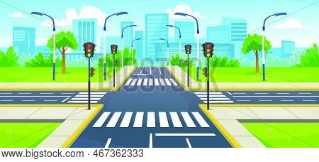 Empty City Crossroad With A Crosswalk And Traffic Light. Landscape View On A Road Crossing And Moder