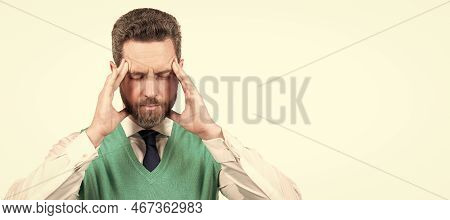 Man Face Portrait, Banner With Copy Space. Megraine. Suffering Businessman Isolated On White. Stress