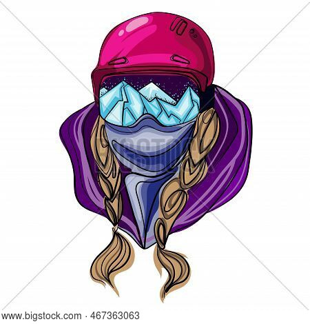 Portrait Woman In Ski Goggles With Mountains Reflection In Them Vector Color Illustration Isolated O