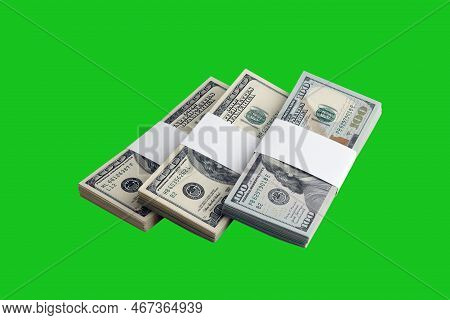 Bundle Of Us Dollar Bills Isolated On Chroma Keyer Green. Pack Of American Money With High Resolutio