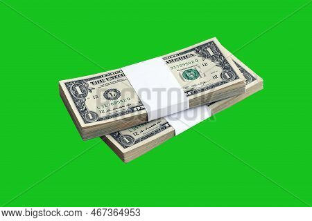 Bundle Of Us Dollar Bills Isolated On Chroma Keyer Green. Pack Of American Money With High Resolutio