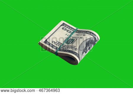 Bundle Of Us Dollar Bills Isolated On Chroma Keyer Green. Pack Of American Money With High Resolutio
