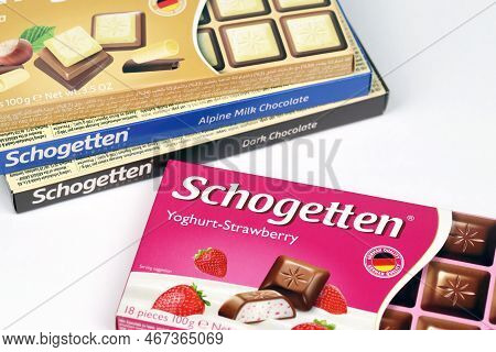 Kharkiv, Ukraine - December 18, 2020: Schogetten Chocolate Packs. Dark Chocolate Produced By Ludwig 