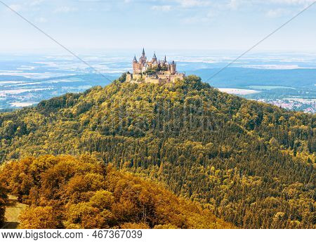 Hohenzollern Castle On Mountain Top Near Stuttgart, Baden-w., Germany. Landscape Of Swabian Alps In 