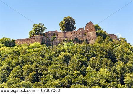 Hohenurach Castle On Mountain Top, Bad Urach, Germany. Landscape Of Forest, Sky And Abandoned Fortre