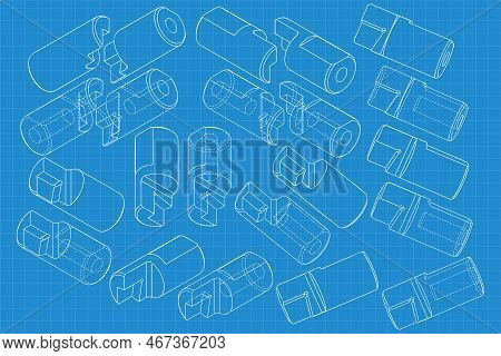 Mechanical Engineering Drawings On Blue Background. Cutter, Assembly Tool With Replaceable Multi-fac