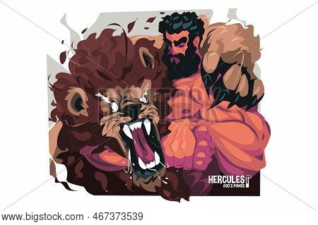 Hercules Fights With Lion Character Vector Illustration. Intense Fight Scene, Hercules Squeeze Neck 