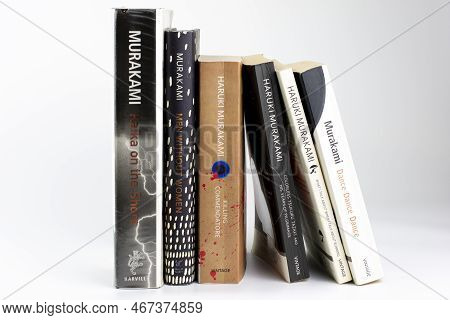 Nova Bana, Slovakia - December, 15, 2022 : Selection Of Haruki Murakami Books On White Background.