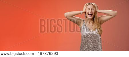 Upset Distressed Pressured Fed Up Panicking Young Blond Woman In Dress Scream Cry Heart Out Being He
