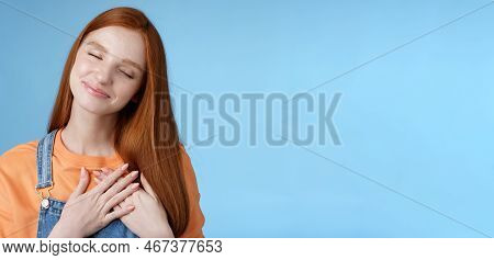 Dreamy Touched Romantic Ginger Girlfriend Close Eyes Recalling Heartwarming Romance Touch Heart Palm