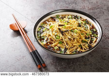 Korean Summer Speciality Food Cold Noodles, Memil Guksu Closeup In The Bowl On The Table. Horizontal