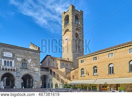 Bergamo, Italy , The Campanone Tower And The Palace Of Reason In The Old Square