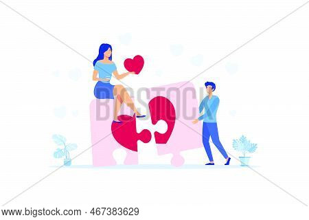 Young Man And Woman Holding Pieces Of Heart That Is Matching. Love Couple Match. Valentine's Day. So