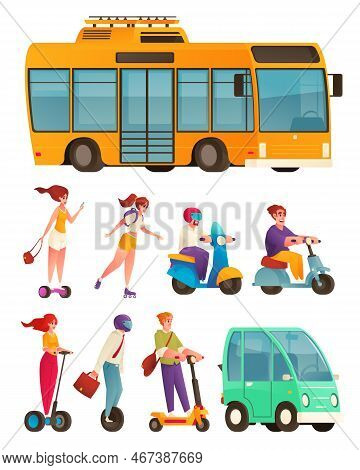 Eco Transport Cartoon Icons Set With Electrobus Electric Car And Bikes Isolated Vector Illustration