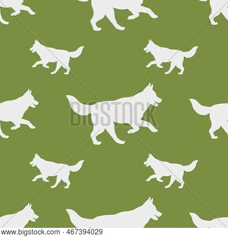 Running And Jumping Siberian Husky Puppy. Seamless Pattern. Dog Silhouette. Endless Texture. Design 